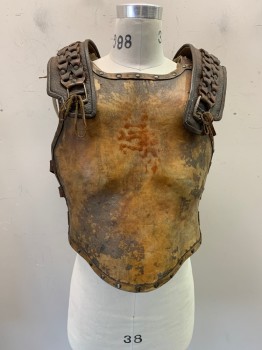 Mens, Historical Fict. Breastplate , NL, Brown, Leather, OS, Woven Leather on Shoulder Straps, Side Straps & Buckles, Studded Trim, Molded Abs, Aged/Distressed