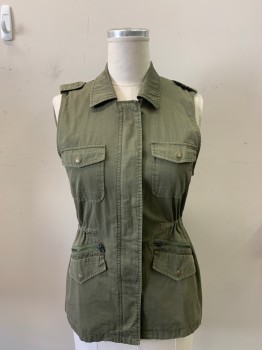 Womens, Vest, VELVET, Olive Green, Cotton, Solid, L, Safari Inspired Vest, C.A., Zip Front,, Button Front, 4 Pockets, 2 Zip Pockets, Shoulder Snaps, Drawstring