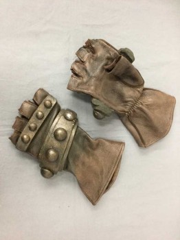 Unisex, Sci-Fi/Fantasy Gloves, Dk Brown, Bronze Metallic, Leather, L200FOAM, Fingerless Leather Gauntlet Gloves With Bronze Painted Foam On Top Of Hand