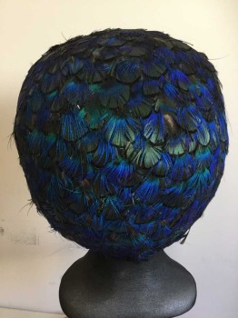 Unisex, Historical Fiction Headpiece, N. MAZZANTI FIRENZE, Blue, Green, Black, Feathers, L, Individual Peacock Feathers Covering Headpiece, Brown Felt Liner, Elastic Chin Strap, Made To Order,