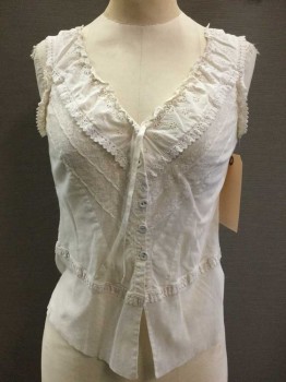 Womens, Camisole 1890s-1910s, MTO, Ivory White, Netting, Lace, Floral, B30, Double Layers Of Mesh with Pointed Lace Applique At Bust And Eyelet Band At Neckline, Button Front, V-neck, Lace Trim Waist And Armscye, Great Condition