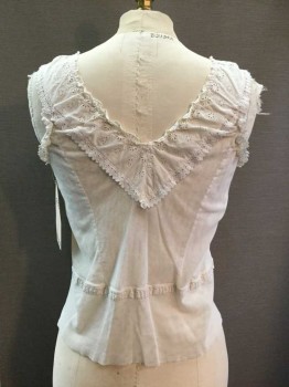 Womens, Camisole 1890s-1910s, MTO, Ivory White, Netting, Lace, Floral, B30, Double Layers Of Mesh with Pointed Lace Applique At Bust And Eyelet Band At Neckline, Button Front, V-neck, Lace Trim Waist And Armscye, Great Condition