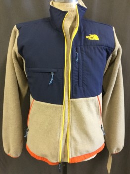 NORTH FACE, Beige, Navy Blue, Orange, Polyester, Nylon, Color Blocking, Zip Front, Fleece, Stand Collar, Colorful Zipper Accents
