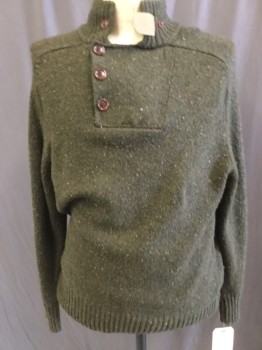 ORVIS, Moss Green, Multi-color, Wool, Cashmere, Tweed, 3 Button Placket, Moc Turtleneck, Mossy Tweed