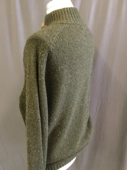 ORVIS, Moss Green, Multi-color, Wool, Cashmere, Tweed, 3 Button Placket, Moc Turtleneck, Mossy Tweed