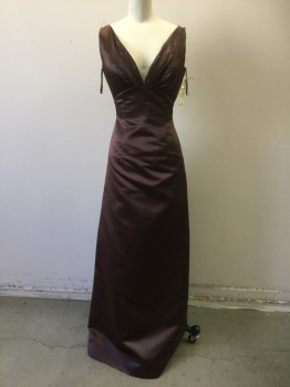 NO LABEL, Brown, Polyester, Beaded, Solid, Brown, Plunge Neck, Sleeveless, Gathered & Beaded Bust,