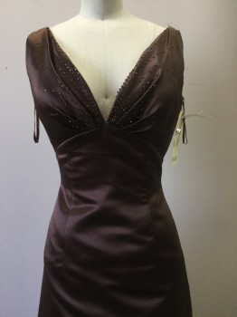 NO LABEL, Brown, Polyester, Beaded, Solid, Brown, Plunge Neck, Sleeveless, Gathered & Beaded Bust,
