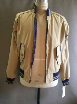 Mens, Jacket, N/L, Tan Brown, Navy Blue, Cotton, Synthetic, Solid, Stripes, Ch 38, Reversible, Mandarin Rib Knit Collar & Cuffs, Z.F., Side 1: Navy Piping, Side Welt Pckts W/ Navy Trim, 2 Flap Pckts With Navy Piping, Khaki Stripes On Collar & Cuffs Side 2: Navy, Sun Burnt Upper Back/Shoulders, Side Welt Pckts With Khaki Trim, Navy Collar & Cuffs