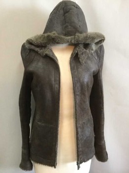 N/L, Brown, Olive Green, Leather, Synthetic, Solid, Aged/Distressed,  Dark Brown Leather W/dirty Olive Sheep Lining, Hood W/matching Olive Sheep Trim, Zip Front, 2 Vertical Zip Pockets Bottom, Long Sleeves, See Photo Attached,