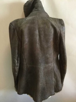 N/L, Brown, Olive Green, Leather, Synthetic, Solid, Aged/Distressed,  Dark Brown Leather W/dirty Olive Sheep Lining, Hood W/matching Olive Sheep Trim, Zip Front, 2 Vertical Zip Pockets Bottom, Long Sleeves, See Photo Attached,