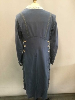 Womens, Coat 1890s-1910s, N/L, Powder Blue, Cream, Wool, Solid, B:34, Long Sleeves, Self Fabric 3" Strap with Self Fabric Button Closure At Center Front, Cream Crochet Lace Shawl Collar, Powder Blue Textured Trim Stripes Along Armscye, Cream Silk Satin Lining, Cream and Powder Blue Buttons, Trim, Etc Along Sides, Tall Vent At Center Back Hem,  **Sun/Light Fading At Shoulders