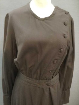 Womens, Dress 1890s-1910s, MTO, Brown, Wool, Cotton, Solid, 28, 36, Crossover Top Panel, Fabric Covered Button Detail, Gathered and Pleated At Waist, Slight Vneck, Long Sleeves Gathered At Extended Cuff, Gored Skirt, Floor Length Hem, Self Belt Attached, Double,