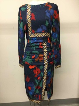 Tracy Reese, Navy Blue, Red, Blue, Green, Black, Silk, Spandex, Floral, Geometric, Long Sleeves, Gathered At Waist, Neoprene Back, Back Zip