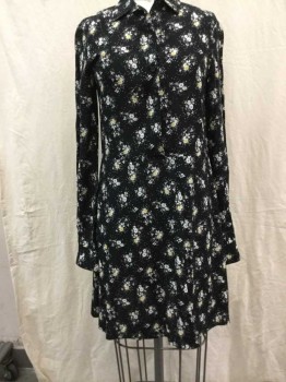 STOCKHOLM ATELIER, Black, White, Yellow, Viscose, Floral, 1/2 Button Front, Collar Attached,  Long Sleeves,