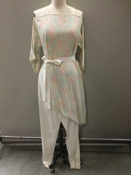 Joon Bryant, Coral Orange, Yellow, Mint Green, Off White, Rayon, Floral, Short Sleeve Top,  Cut Out Shoulders, Thin Shoulder Straps, Wide Solid Off White Sleeve Hem, Closed Loop Bottom Hem,