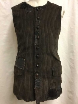 N/L, Brown, Dk Brown, Cotton, Leather, Solid, Patchwork, Wide Wale Corduroy, W/Assorted Brown Fabric & Leather Patches Throughout, Aged Wood Buttons, Leather Back, W/Lace Up Panel At Center Back Waist, Aged/Worn/Dirty Throughout