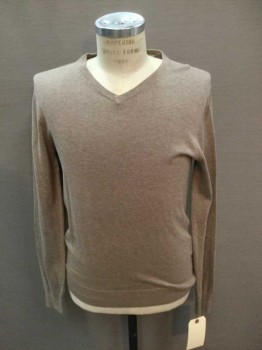 THE BASICS, Camel Brown, Cotton, Solid, L/S, V-N, Ribbed Knit Collar/Cuff/Waist