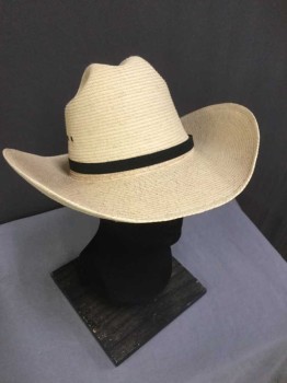 Mens, Cowboy Hat, SUN BODY HATS, Cream, Black, Straw, Solid, 7 1/8, Sturdy Woven Palm Leaves, Grosgrain Band