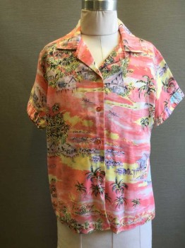 WRANGLER, Pink, Yellow, Blue, Purple, White, Cotton, Hawaiian Print, Button Front, Collar Attached, Short Sleeves, Hawaiian Print