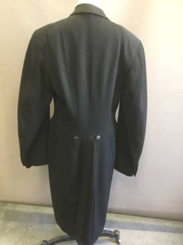 Mens, Tailcoat 1890s-1910s, N/L, Black, Silk, Solid, 34, Faille, Double Breasted, Peaked Lapel, Silver Metal Buttons, **Worn in Spots - Particularly at Lapel, Cuffs, Lining, Red Silk Triangular Gusset Added to Lining, Buttons Formerly Were Covered But Fabric Has Worn Off,