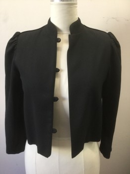 CAROLE LITTLE, Black, Wool, Solid, Long Sleeves, Has 4 Loops for Button Closures **But Missing All Buttons, Mandarin Collar, Puffy Sleeves Gathered at Shoulder, Piping at Shoulder Seam to Sleeve Outseam, Lightly Padded Shoulder, Vintage 90's