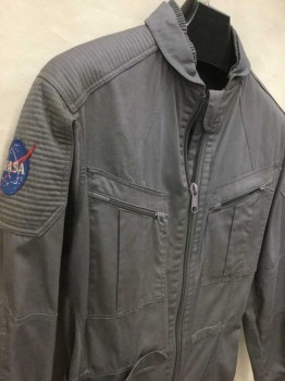 Mens, Coveralls/Jumpsuit, MTO, Medium Gray, Cotton, Polyester, Solid, 42, Zip Front, Zip Pockets, Velcro Appliques, Tucks at Elbows and Knees, Stretchy Textured Nylon Inserts, Quilted Biceps. Left Arm Flag Patch, Right Arm Nasa Patch, Velcro Adjustable Tabs Down Legs and at Waist, Flight Suit