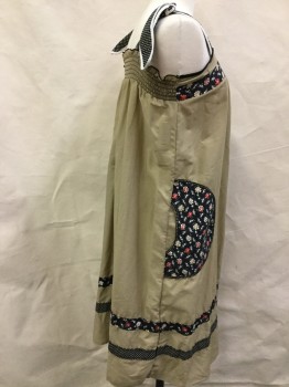 Womens, Housedress, N/L, Tan Brown, Black, Raspberry Pink, White, Green, Cotton, Polyester, Color Blocking, Floral, S, Sleeveless, Sheath, Floral and Polka dot Fabric Inserts, Elastic Smocking Back, 1970's