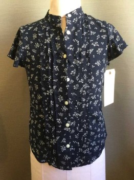 Childrens, Blouse, POLO, Midnight Blue, White, Rayon, Floral, 7, Button Front, Pleated and Ruffle Bib, Band Collar,  Ruffle Cap Sleeves,