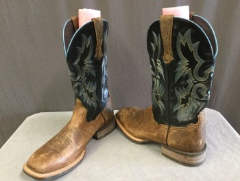 ARIAT, Brown, Black, Aqua Blue, White, Leather, Geometric, Square Toe with Pronounced Outsole and Welt, Traditional Quarter Stitching, Piped Tops, 1.5" Stack Heel