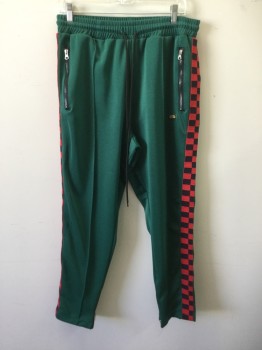 Mens, Sweatsuit Pants, REASON, Green, Red, Navy Blue, Polyester, Solid, Check , L, Solid Green with Red/navy Check Stripe Down Sides, Elastic Drawstring Waist, 2 Zip Pockets Front, 2 Patch Pockets Back, Inside Hem Seam Zipper
