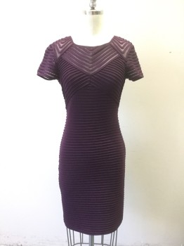 CALVIN KLEIN, Aubergine Purple, Polyester, Spandex, Stripes, Self Ribbed/Pin Tuck Stripes in Various Directions, Short Sleeves, Square Neck, Form Fitting Body-con Dress, Sheer Sleeves and Bust, Knee Length