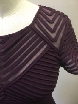 CALVIN KLEIN, Aubergine Purple, Polyester, Spandex, Stripes, Self Ribbed/Pin Tuck Stripes in Various Directions, Short Sleeves, Square Neck, Form Fitting Body-con Dress, Sheer Sleeves and Bust, Knee Length