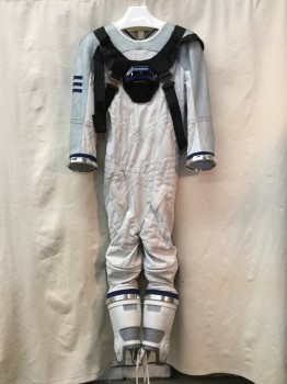 Unisex, Sci-Fi/Fantasy Jumpsuit, MTO, White, Gray, Navy Blue, Metallic/Metal, Synthetic, Novelty Pattern, Textured Fabric, GIRTH, C38, 64", Hips 42", White Knit, Light Gray Textured Dotted Stripe Body Suit, Clear Gel Like Shoulders & Sleeves, Black Webbing Harness with a Fiber Glass Center Front, Metal Cuffs, Charcoal Rubber Elbow Pads, Spacesuit, EVA, Astronaut, Zip Back, Holes for Oxygen Back Pack, Also Available Clip on Gloves See FC031857 & Boots See FC045657, Separate Rental For Helmet with Gasket CF015179