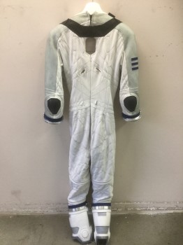 Unisex, Sci-Fi/Fantasy Jumpsuit, MTO, White, Gray, Navy Blue, Metallic/Metal, Synthetic, Novelty Pattern, Textured Fabric, GIRTH, C38, 64", Hips 42", White Knit, Light Gray Textured Dotted Stripe Body Suit, Clear Gel Like Shoulders & Sleeves, Black Webbing Harness with a Fiber Glass Center Front, Metal Cuffs, Charcoal Rubber Elbow Pads, Spacesuit, EVA, Astronaut, Zip Back, Holes for Oxygen Back Pack, Also Available Clip on Gloves See FC031857 & Boots See FC045657, Separate Rental For Helmet with Gasket CF015179