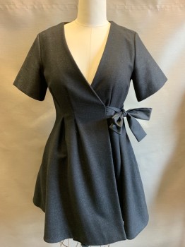 COS, Charcoal Gray, Wool, Solid, Short Sleeves, Wrap, Pleated, 2 Welt Pocket, Charcoal with a Diagonal Stripe of Black
