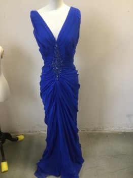 TADASHI, Royal Blue, Silk, Polyester, Solid, V-neck, Sleeveless, Rouching at Shoulders/ Bust, Detailed Draping at Center Front/ Back, Back Zipper, Diamond Beading Detail at Center Bust