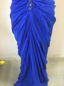 TADASHI, Royal Blue, Silk, Polyester, Solid, V-neck, Sleeveless, Rouching at Shoulders/ Bust, Detailed Draping at Center Front/ Back, Back Zipper, Diamond Beading Detail at Center Bust