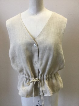 GO LINEN, Oatmeal Brown, Linen, Heathered, V-Neck, 3 Button Front Closure with Self Drawstring Waist with Peplum Lower, Wide Baggy Armholes