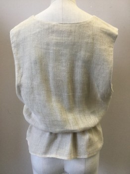GO LINEN, Oatmeal Brown, Linen, Heathered, V-Neck, 3 Button Front Closure with Self Drawstring Waist with Peplum Lower, Wide Baggy Armholes