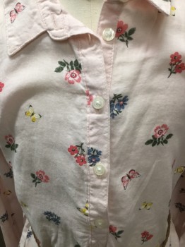 Childrens, Dress, LOGG, Lt Pink, Multi-color, Cotton, Floral, 9-10 Y, Light Pink Cotton with Multi Color Floral Print in Blue, Pink, Yellow & Green, Button Placet, Collar Attached, Long Sleeves, with Brown Skinny Braided Belt