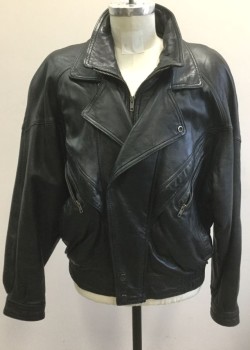 Mens, Leather Jacket, WILSON'S, Black, Leather, Solid, L, Zip Front, Wide Lapels, Padded, Dropped Shoulders, 4 Pockets, Elastic Waist