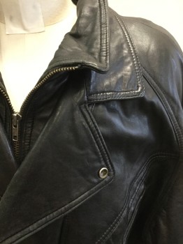 Mens, Leather Jacket, WILSON'S, Black, Leather, Solid, L, Zip Front, Wide Lapels, Padded, Dropped Shoulders, 4 Pockets, Elastic Waist