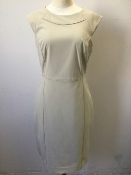 THE LIMITED, Beige, Polyester, Viscose, Solid, Not Quite Cap Sleeves, Scoop Neck, Princess Seams, Sheath Dress, Knee Length