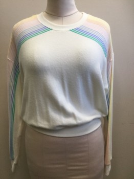 SPIRITUAL GANGSTER, White, Multi-color, Synthetic, Solid, Stripes, White with Multi Color Pastel Stripe Shoulder and Down Sleeve, Ribbed Knit Scoop Neck, Ribbed Knit Cuff/Waistband