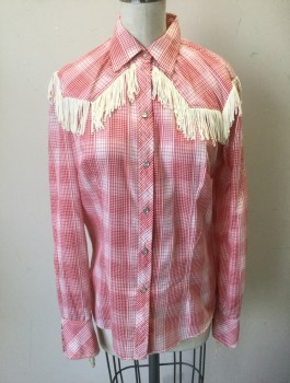 H BAR C, Red, White, Cream, Poly/Cotton, Plaid, Long Sleeves, Snap Front, Collar Attached, Western Style Yoke with Cream Fringe, Cream Fringe at Cuffs, Fitted, 1970's