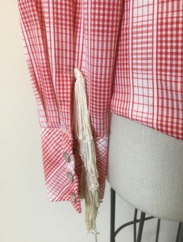 H BAR C, Red, White, Cream, Poly/Cotton, Plaid, Long Sleeves, Snap Front, Collar Attached, Western Style Yoke with Cream Fringe, Cream Fringe at Cuffs, Fitted, 1970's