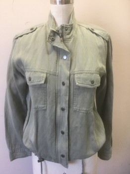 RAILS, Sage Green, Lyocell, Linen, Solid, Twill, Zip and Snap Front, Drawstring Waist, 2 Patch Pockets with Flap and Snap Closures, Epaulettes at Shoulders, Stand Collar