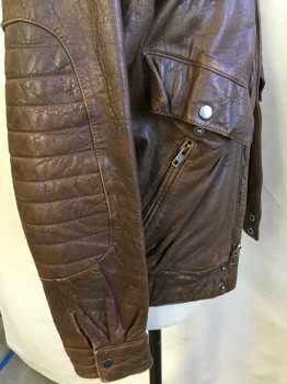 Mens, Leather Jacket,  LEATHER WAREHOUSE, Brown, Leather, Solid, 38, Collar Attached with Self Short Belt/2 D-ring Buckles, Hidden Zip Front, with Worn Out Brass Snap Button Front, 2 Pockets with Slant Zipper & Flap Brass Snap Button, Long Sleeves with Self Quilt Elbow Patch, Cuffs with Matching Snap Button, Shinny Light  Brown Lining, Elastic Back Hem