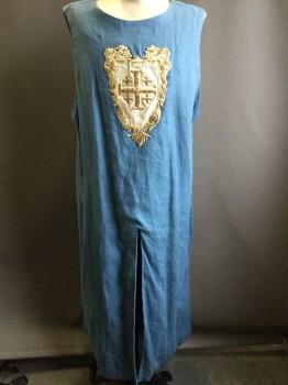 Mens, Historical Fiction Tabard, MTO, Lt Blue, Cream, Gold, Linen, Silk, Solid, Round Neck, Sleeveless, Religious Crest Center Front, Slit To Crotch Center Front And Center Back, Multiple