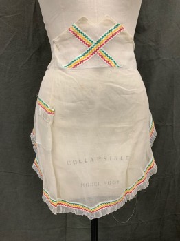 N/L, White, Green, Yellow, Red, Cotton, Solid, Sheer White, Green/Yellow/Red Zig Zag Ribbon Trim, Back Tie (aging Color on Tie), Ruffle Trim, 1 Pocket *tie Beginning to Tear Away From Apron*, Tea Stained Ties,